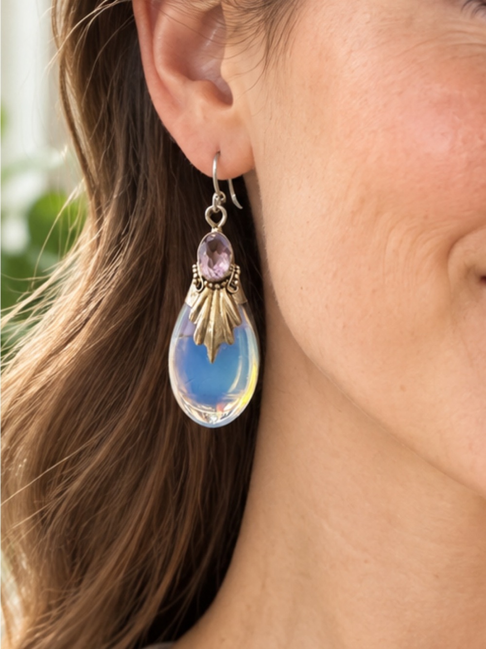 Vintage 925 Sterling Silver Opalite Teardrop & Amethyst Colored Dangle Earrings